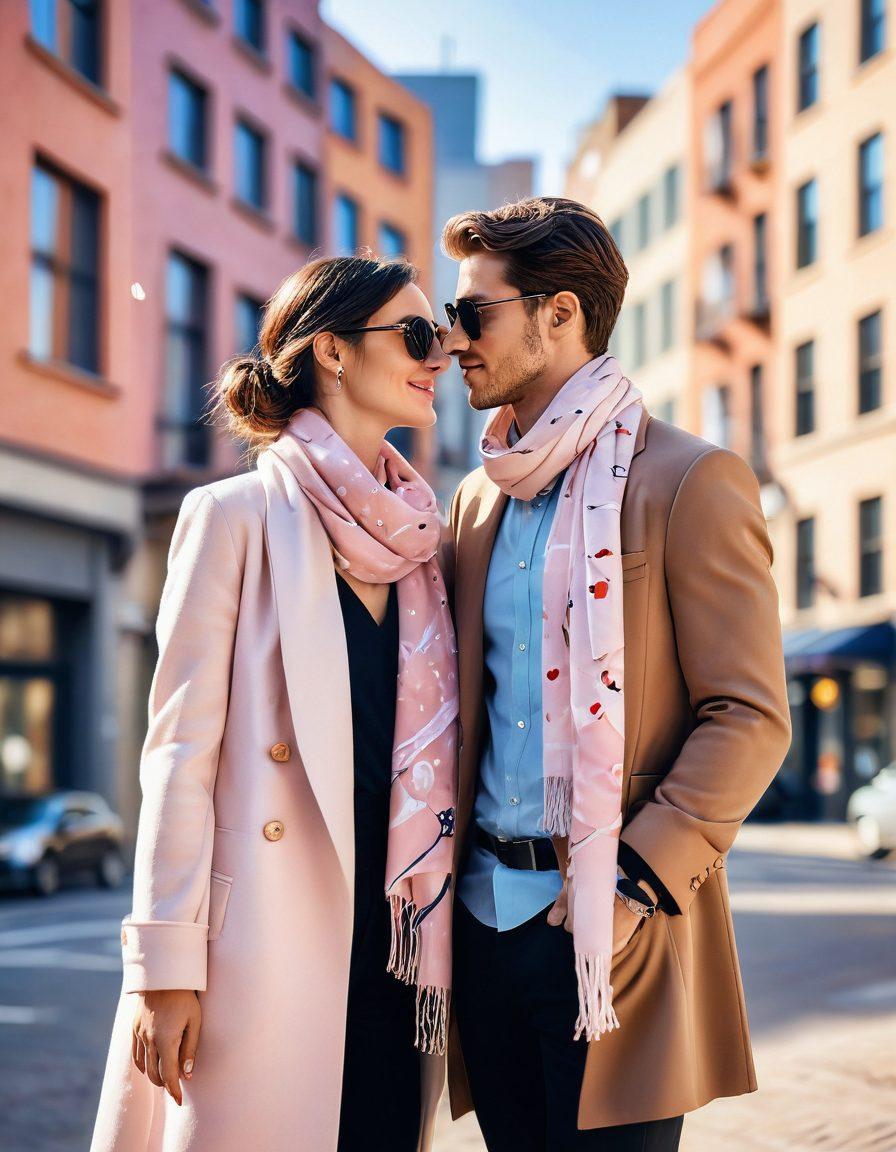 A chic couple elegantly dressed in contemporary fashion, sharing a tender moment in a dynamic urban setting. Surround them with playful hearts and stylish accessories, like scarves and sunglasses, to symbolize love and connection. Use soft pastel colors to evoke warmth and affection while keeping the background slightly blurred to focus on the couple. modern illustration. vibrant colors. light bokeh effects.