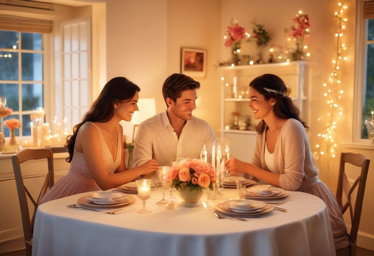 A beautifully arranged table set for a romantic dinner, adorned with candles and flowers. In the background, a couple is seen sharing a joyful moment, surrounded by soft fairy lights and vibrant decorations. Incorporate elements of handwritten love letters, aesthetic decor, and a picturesque sunset in the distance. The atmosphere should feel dreamy and intimate, evoking a sense of modern romance. super-realistic. warm pastel colors. soft focus.