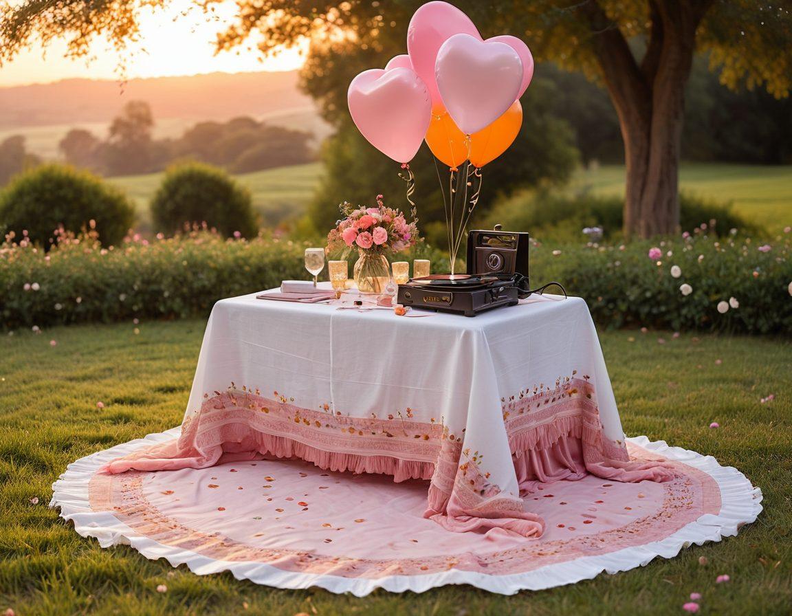 A beautifully prepared outdoor setting for a romantic dinner, adorned with soft fairy lights and delicate flowers. A couple sitting at a table, exchanging love letters, surrounded by artistic elements like painted hearts and a vintage record player. The ambiance is dreamy with sunset hues in the background creating an intimate atmosphere. Include whimsical touches like heart-shaped balloons and a cozy blanket. super-realistic. vibrant colors. romantic atmosphere.